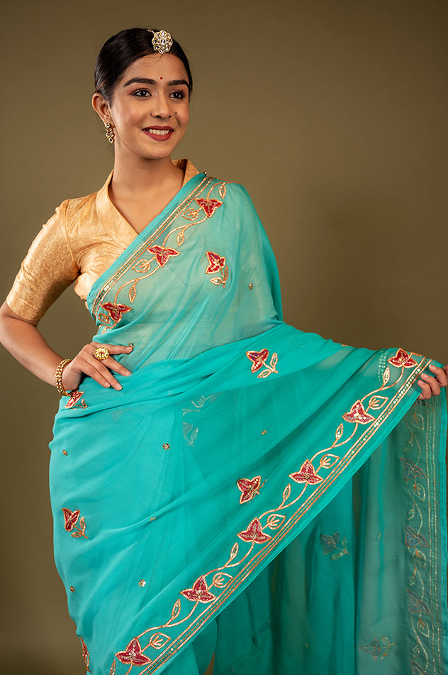 Sky blue viscose chiffon sikhiya gota pech handwork saree