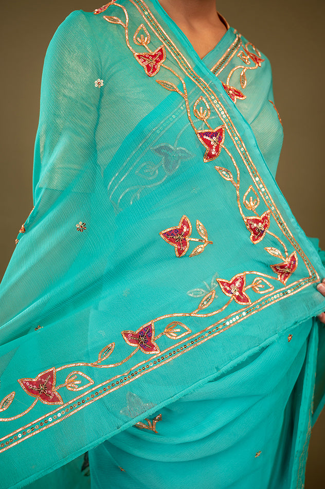 Sky blue viscose chiffon sikhiya gota pech handwork saree