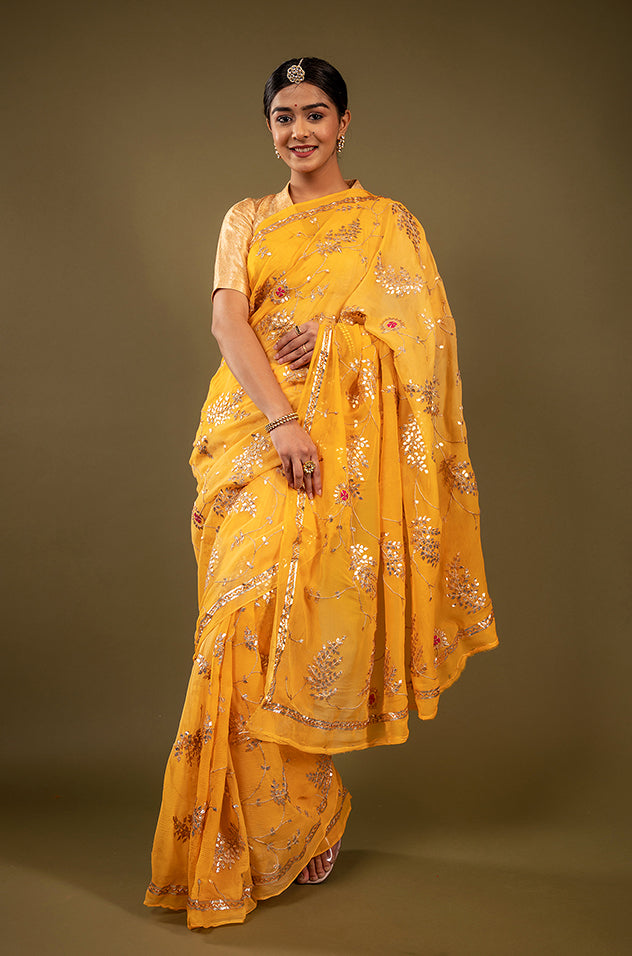yellow pure chiffon gota patti jaal handwork saree