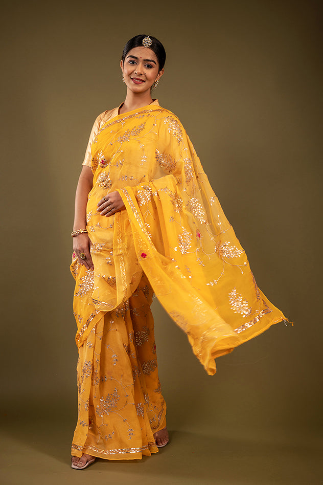 yellow pure chiffon gota patti jaal handwork saree