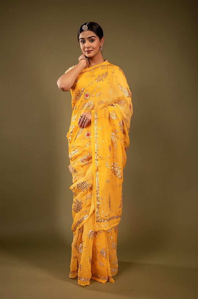 yellow pure chiffon gota patti jaal handwork saree