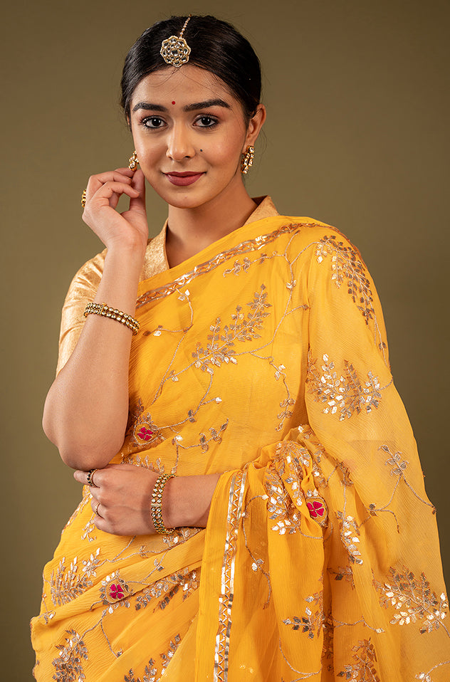 yellow pure chiffon gota patti jaal handwork saree