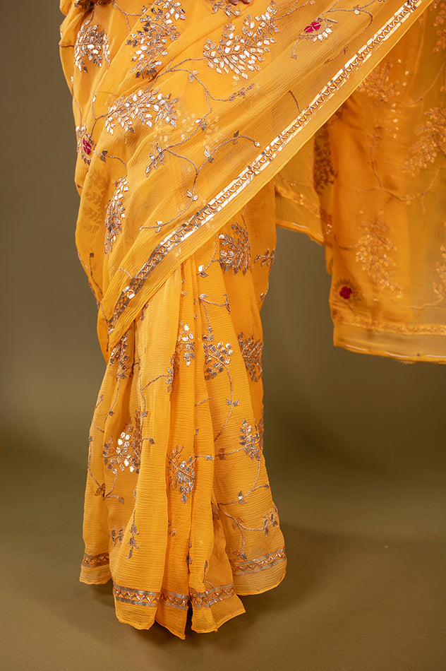 yellow pure chiffon gota patti jaal handwork saree