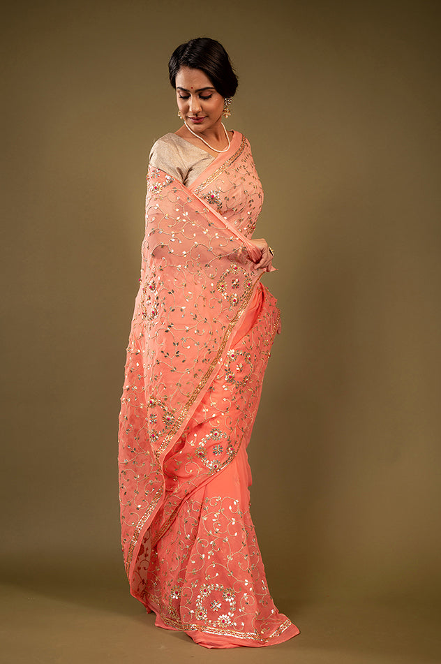 peach pure chiffon gota patti jaal handwork saree