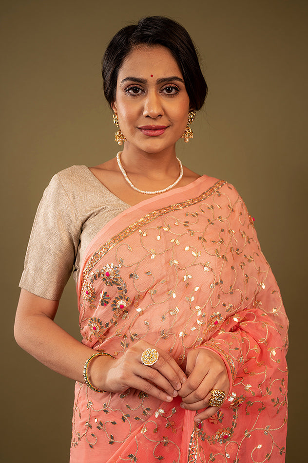 peach pure chiffon gota patti jaal handwork saree