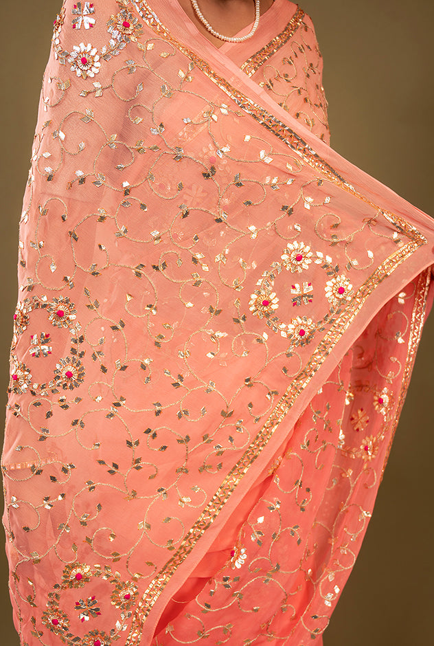 peach pure chiffon gota patti jaal handwork saree