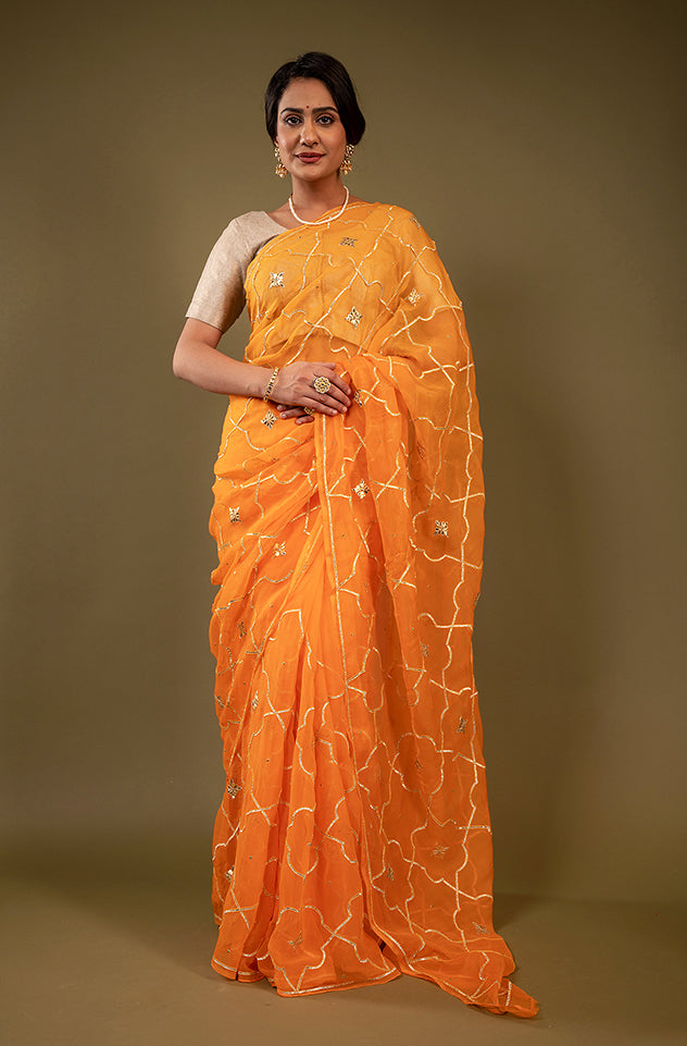 peach viscose chiffon gota patti jaal handwork saree