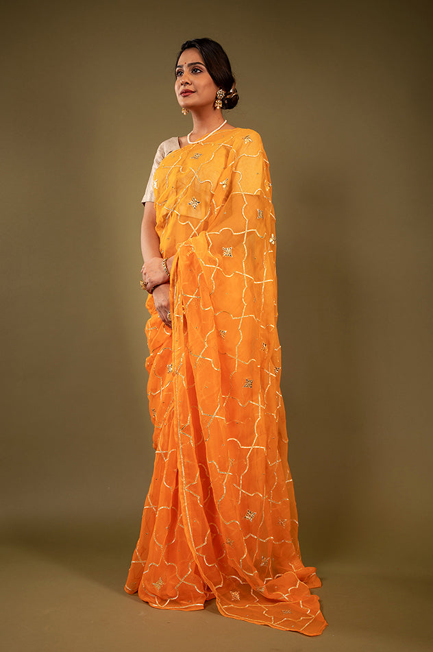 peach viscose chiffon gota patti jaal handwork saree