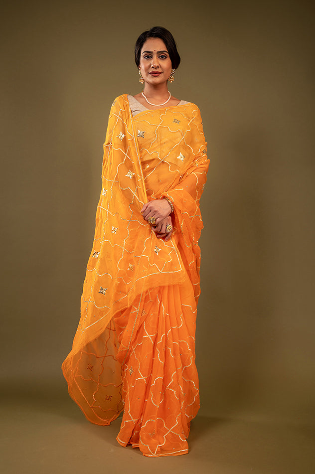peach viscose chiffon gota patti jaal handwork saree