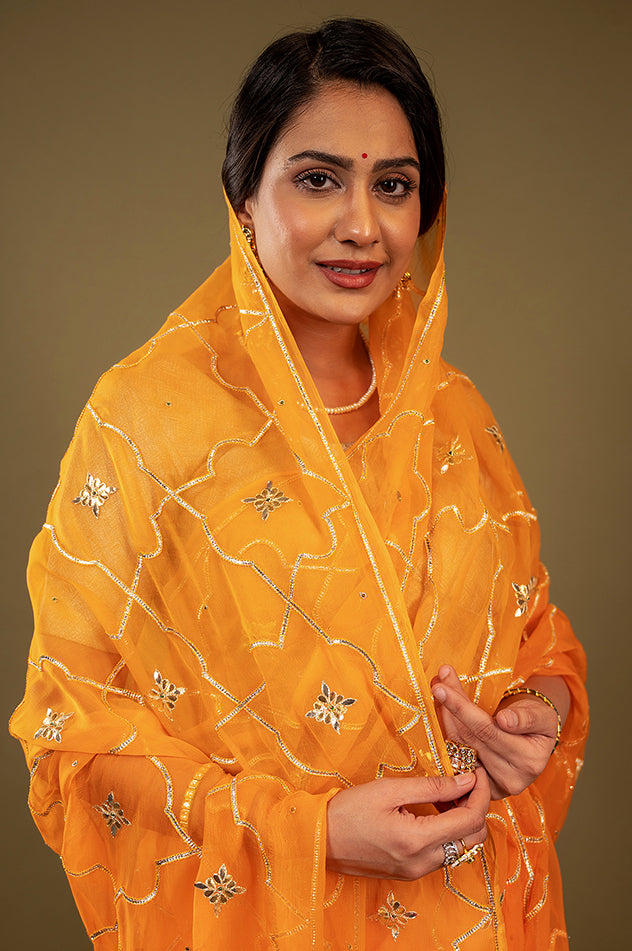 peach viscose chiffon gota patti jaal handwork saree