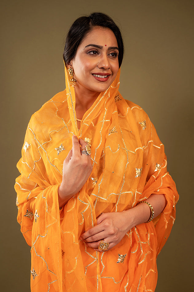 peach viscose chiffon gota patti jaal handwork saree