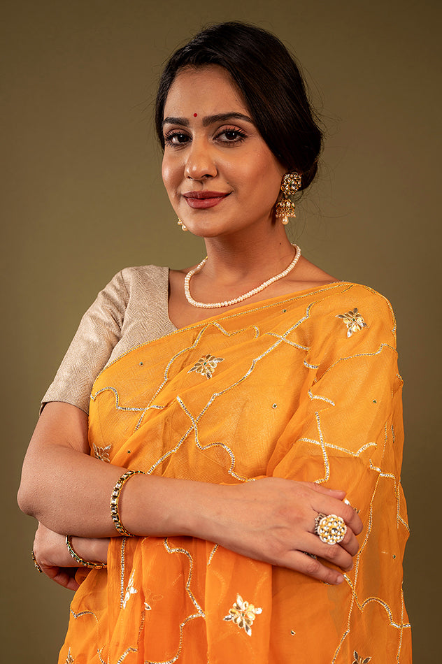 peach viscose chiffon gota patti jaal handwork saree