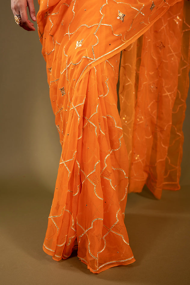 peach viscose chiffon gota patti jaal handwork saree