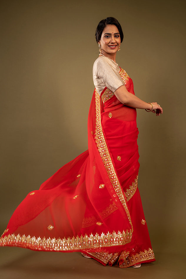 red viscose chiffon gota patti border butti handwork saree