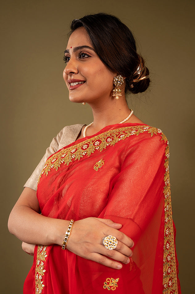 red viscose chiffon gota patti border butti handwork saree