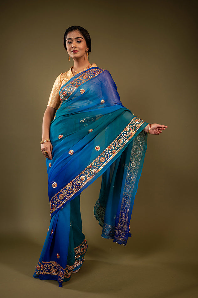 peacock shade pure chiffon gota patti border butti handwork saree