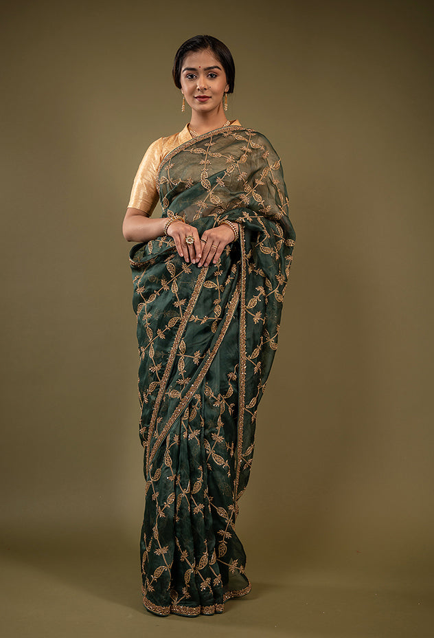 green organza zardozi jaal handwork saree