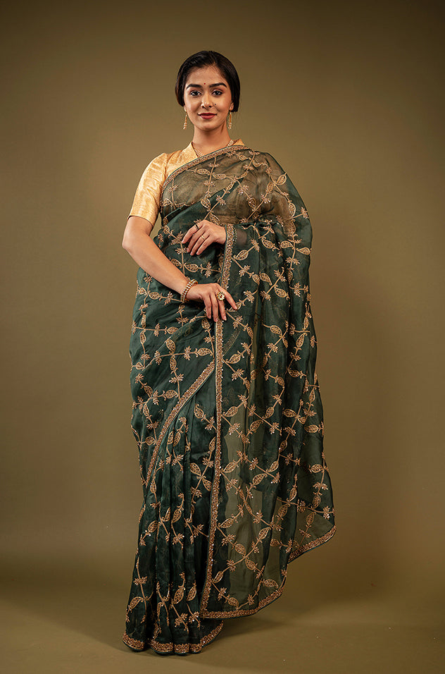 green organza zardozi jaal handwork saree
