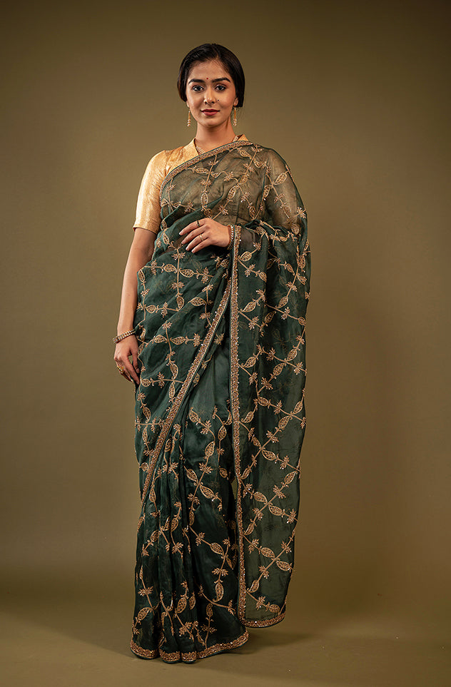 green organza zardozi jaal handwork saree