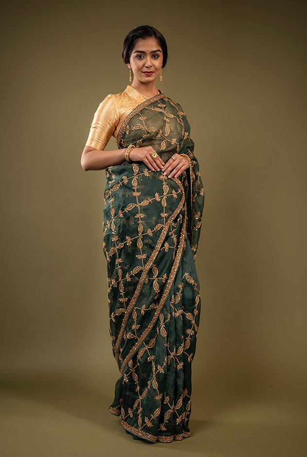 green organza zardozi jaal handwork saree