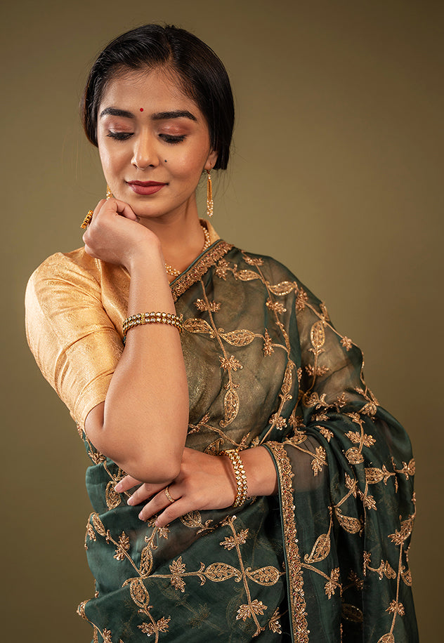 green organza zardozi jaal handwork saree
