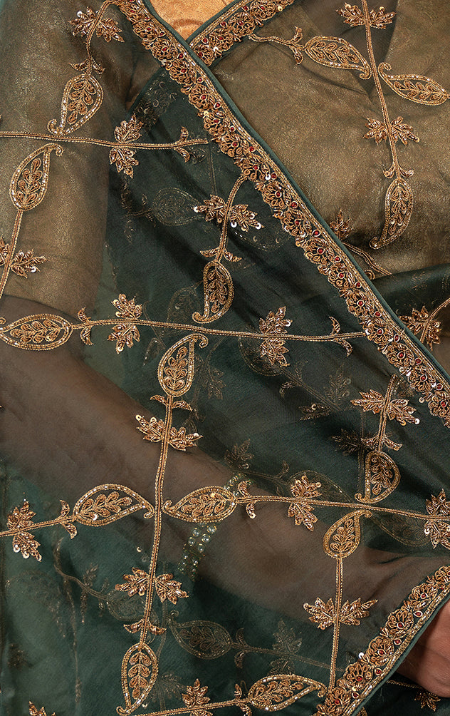 green organza zardozi jaal handwork saree