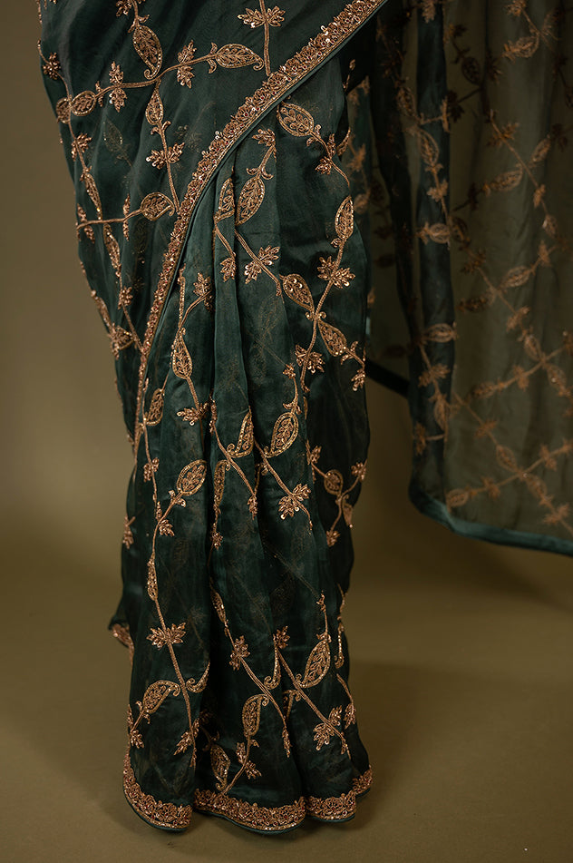 green organza zardozi jaal handwork saree