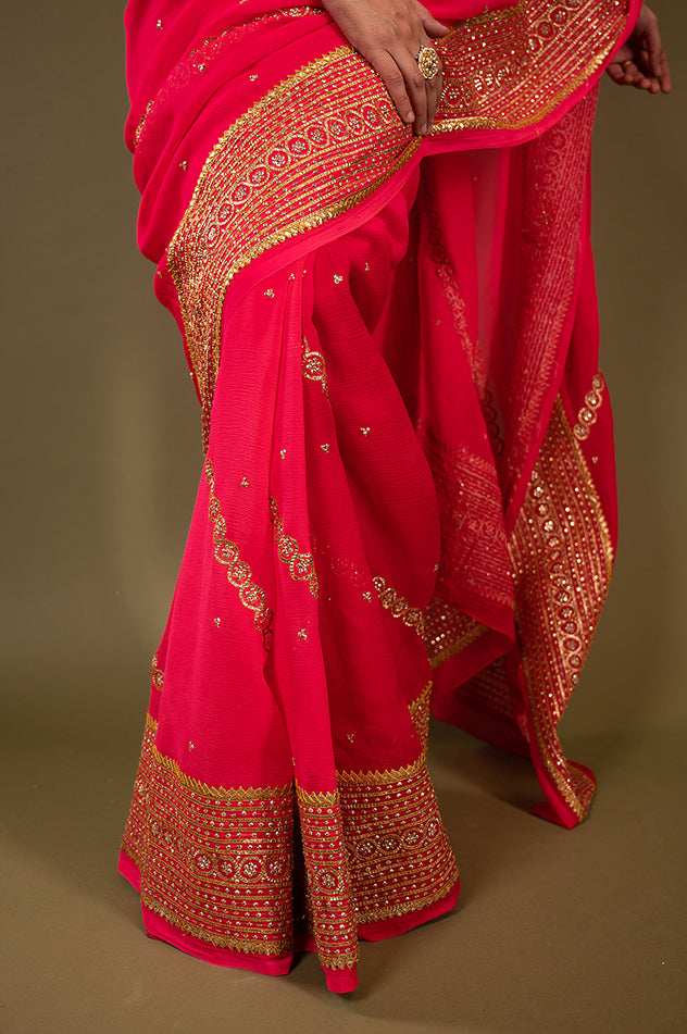 Gajri pure chiffon sikhiya gota border butti handwork saree