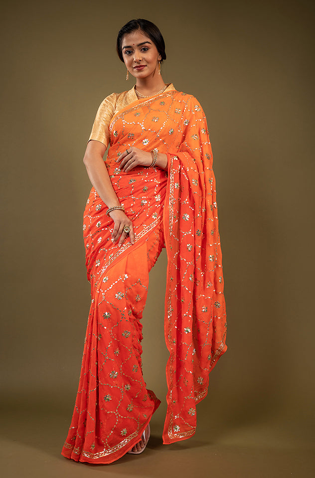 Orange light dark pure chiffon gota patti jaal handwork saree