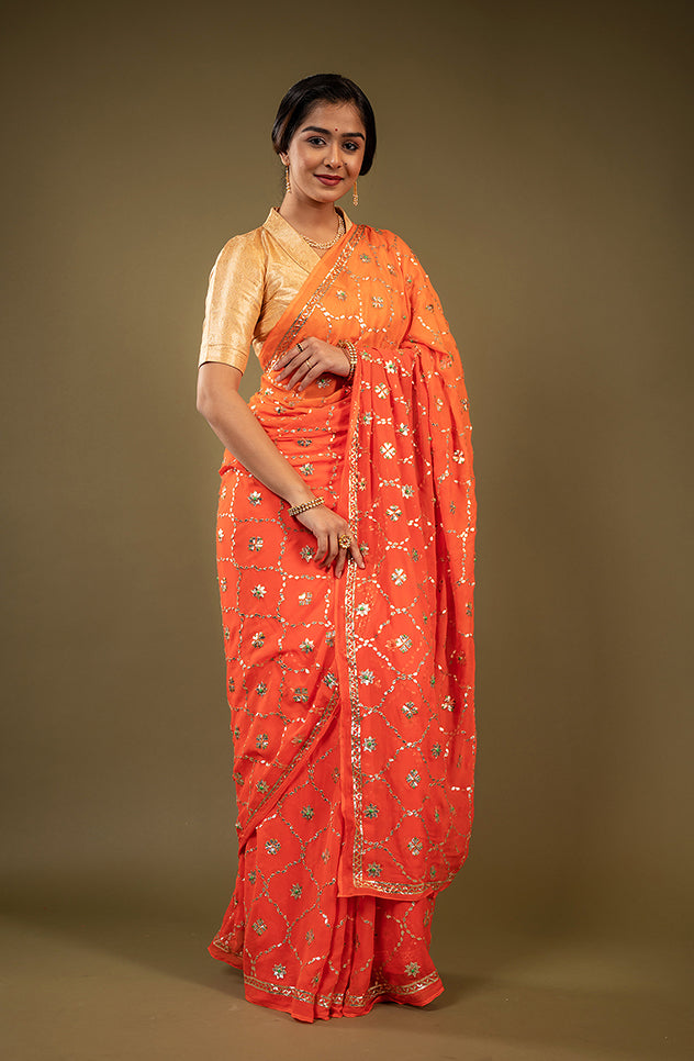 Orange light dark pure chiffon gota patti jaal handwork saree