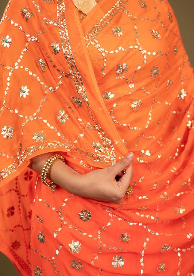 Orange light dark pure chiffon gota patti jaal handwork saree