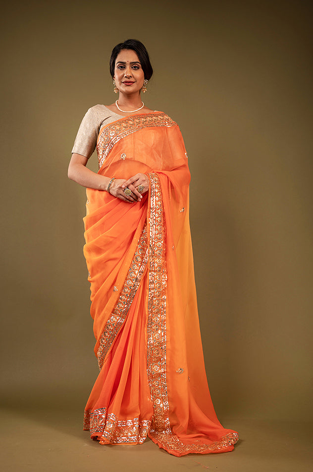 Orange pure chiffon gota patti border butti handwork saree