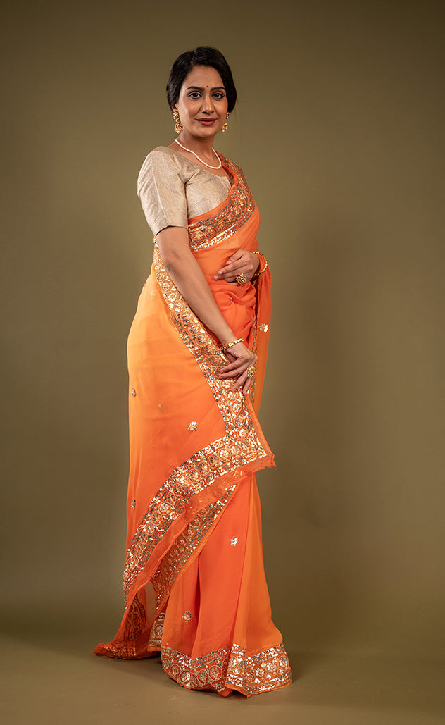 Orange pure chiffon gota patti border butti handwork saree