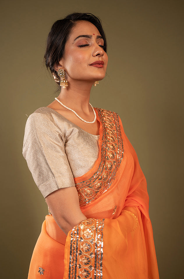 Orange pure chiffon gota patti border butti handwork saree