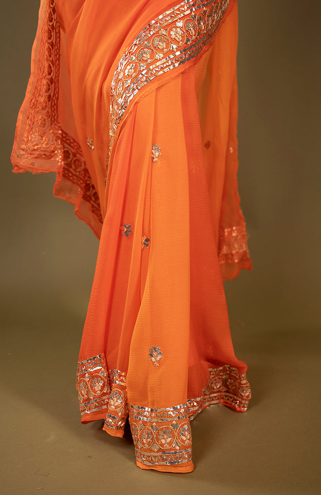 Orange pure chiffon gota patti border butti handwork saree