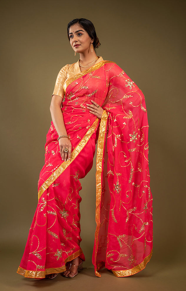 Gajri Pure Chiffon laffi border sikhiya modi pati jaal handwork saree