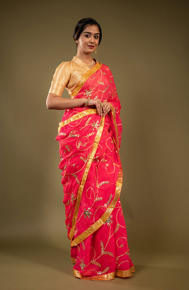 Gajri Pure Chiffon laffi border sikhiya modi pati jaal handwork saree