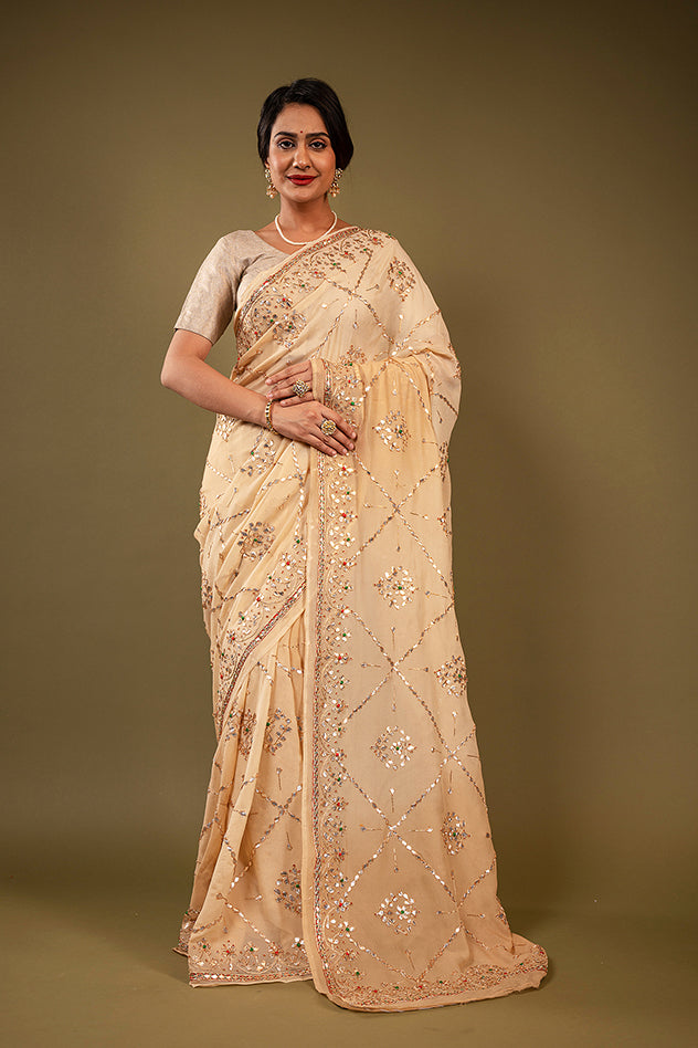 Cream pure chiffon gota patti jaal handwork saree