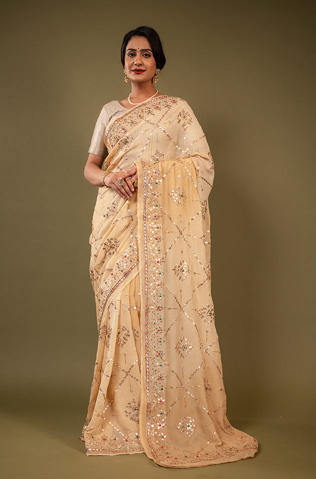 Cream pure chiffon gota patti jaal handwork saree