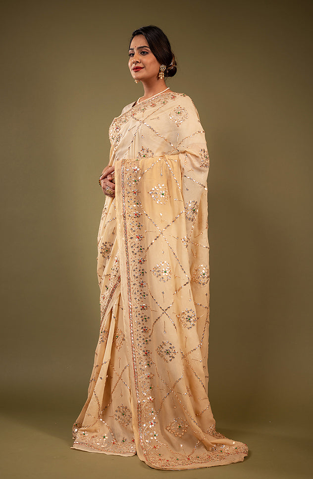 Cream pure chiffon gota patti jaal handwork saree
