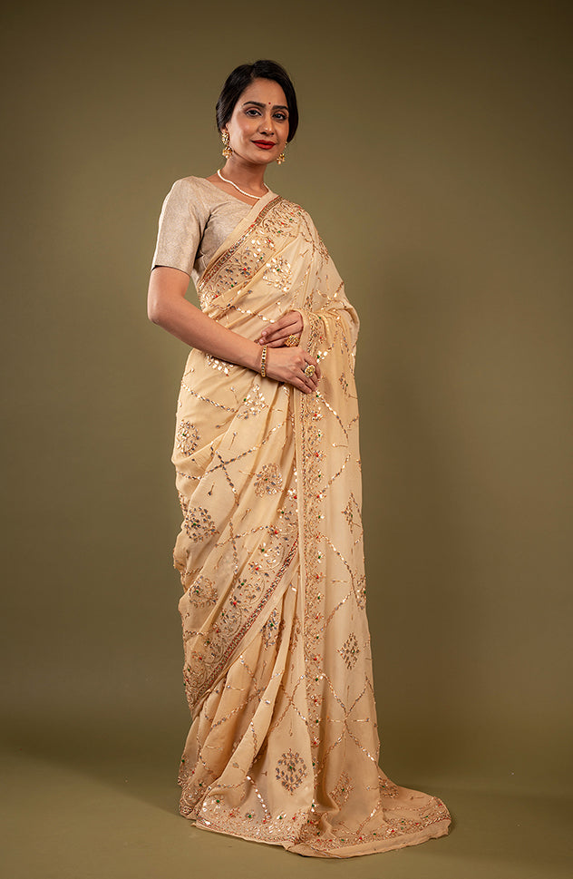 Cream pure chiffon gota patti jaal handwork saree