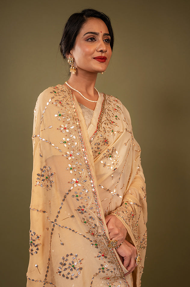 Cream pure chiffon gota patti jaal handwork saree