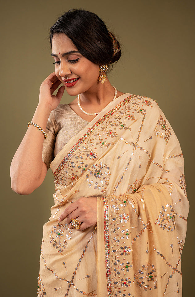 Cream pure chiffon gota patti jaal handwork saree