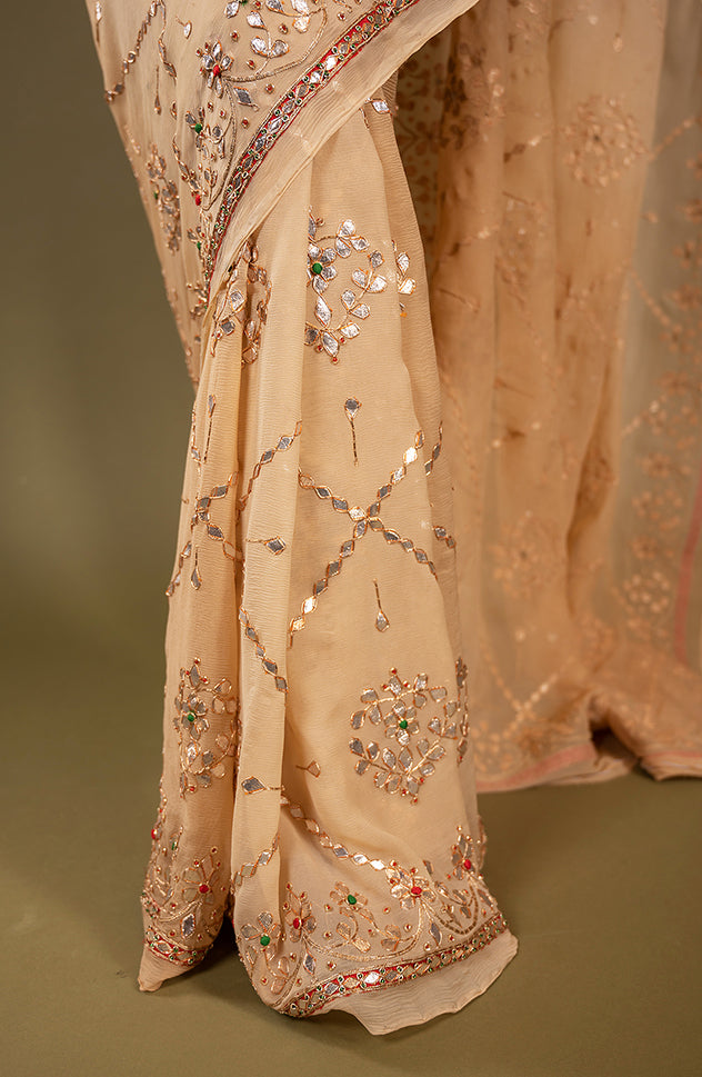 Cream pure chiffon gota patti jaal handwork saree