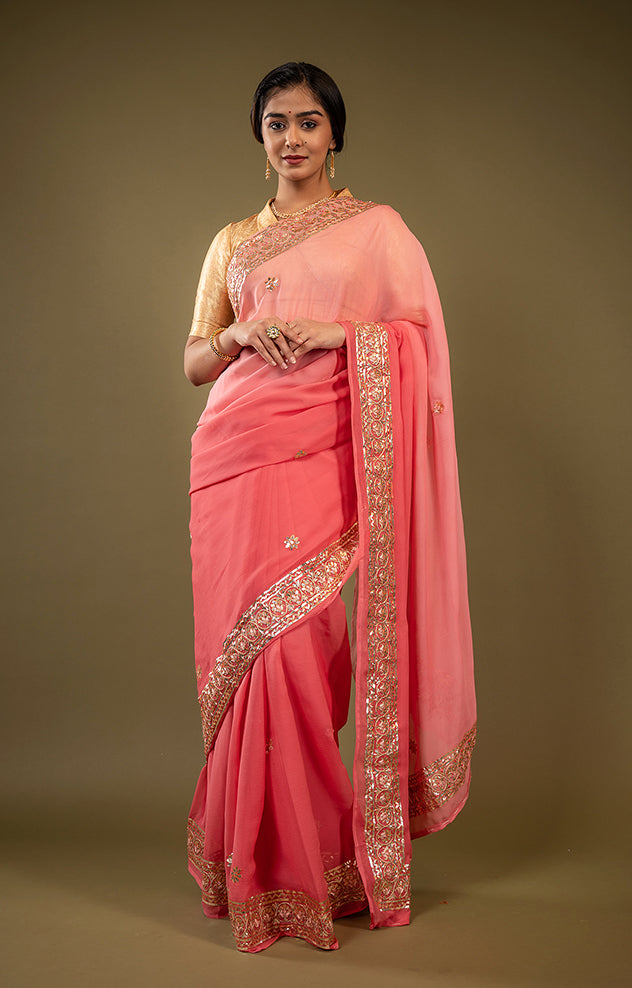 Gajri Light dark pure chiffon Gota patti handwork saree