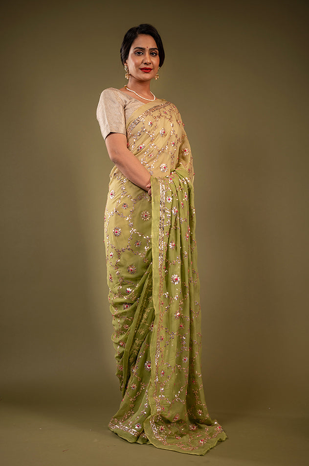 Pista Green pure chiffon gota patti jaal handwork saree