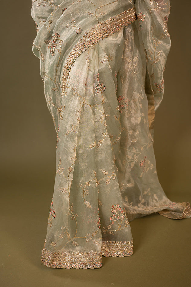 mint Tissue organza aari tari zardozi handwork saree