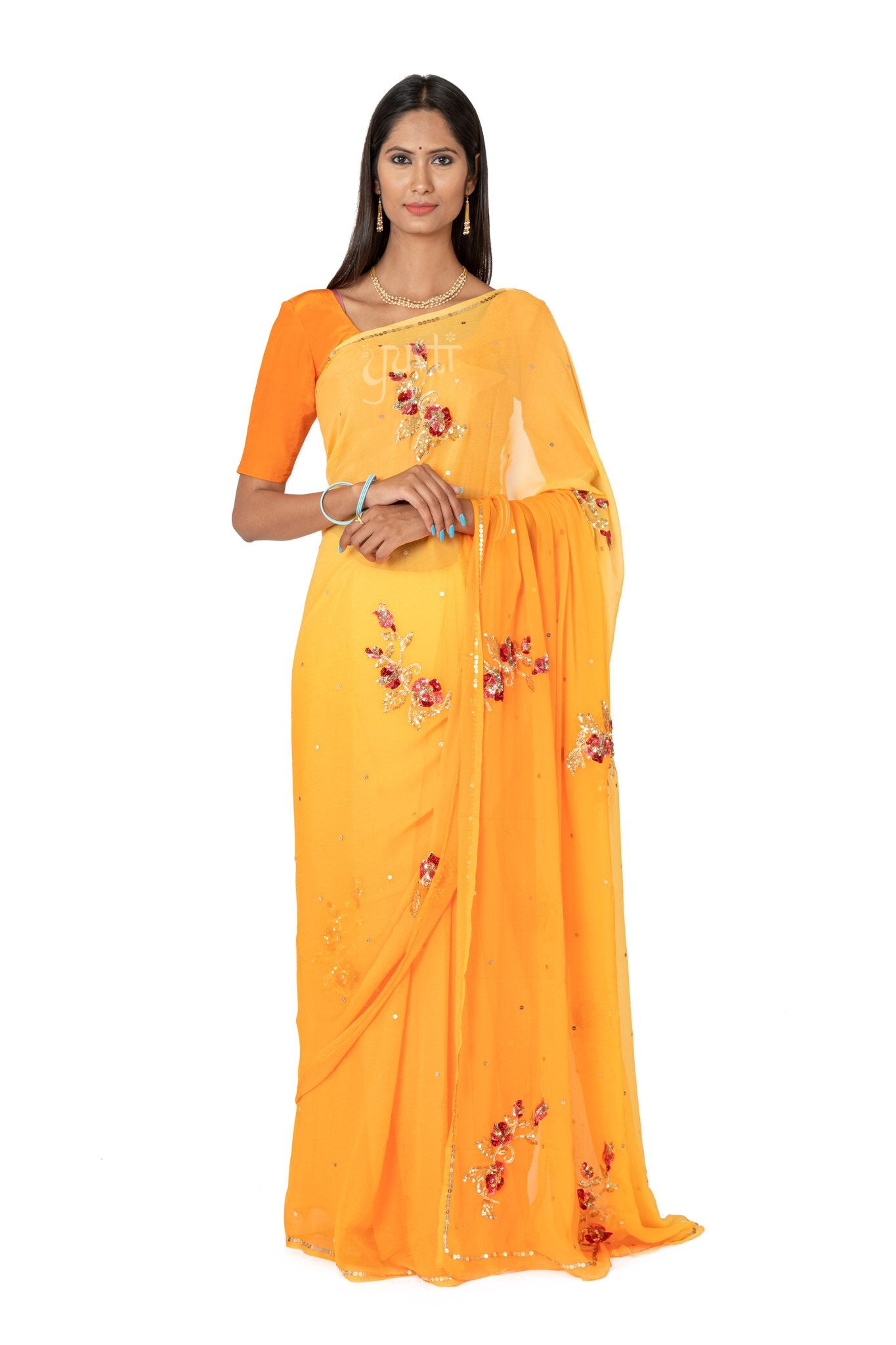 Yelow Shaded Viscose Chiffon All over Sequnce Motif Handwork Party wear Saree