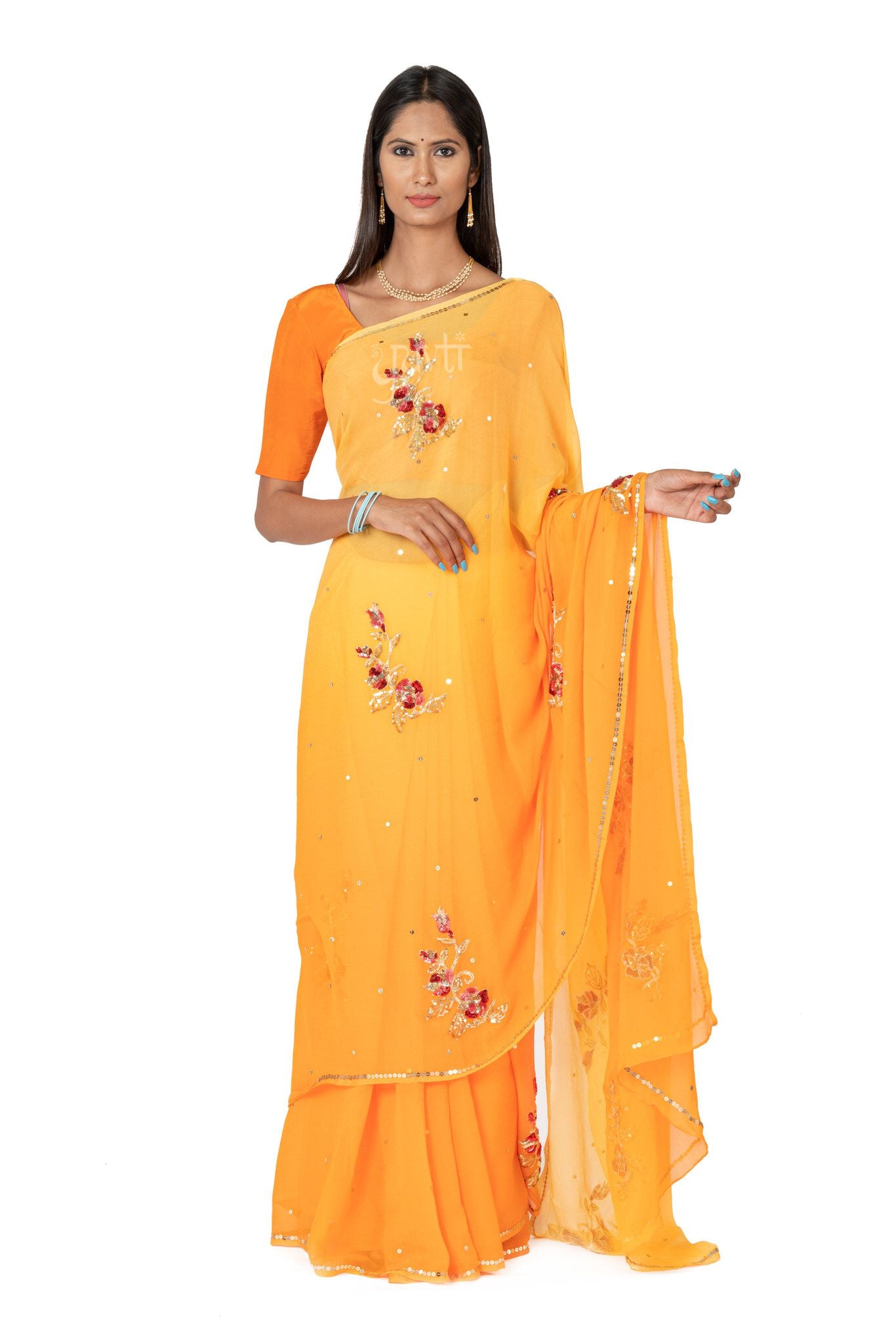 Yelow Shaded Viscose Chiffon All over Sequnce Motif Handwork Party wear Saree