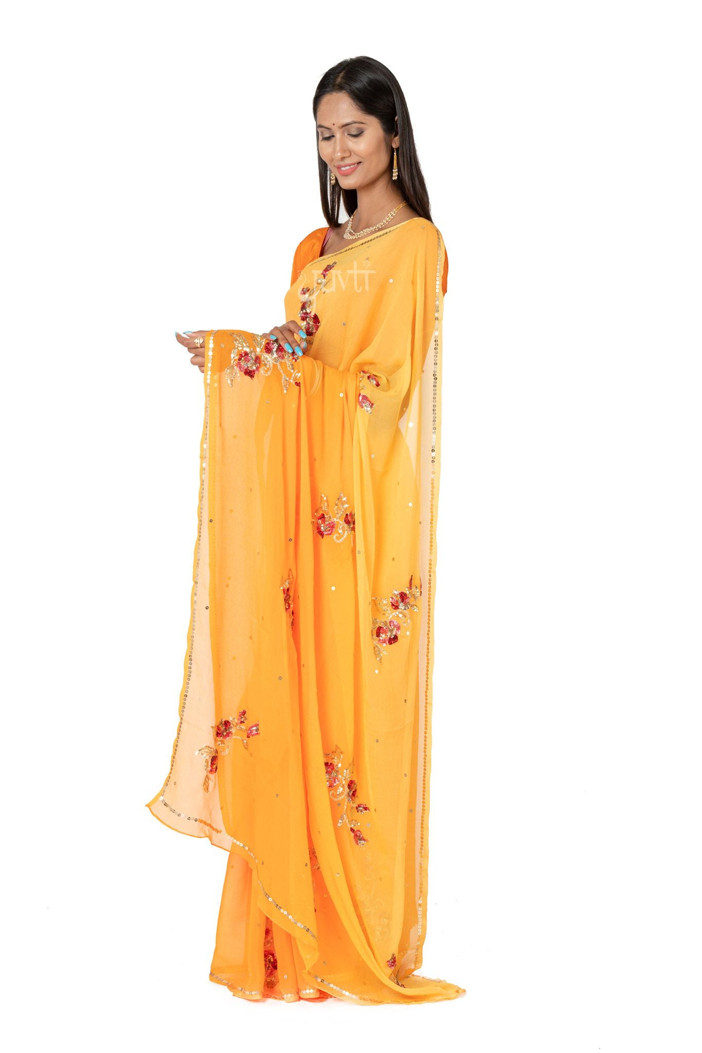 Yelow Shaded Viscose Chiffon All over Sequnce Motif Handwork Party wear Saree